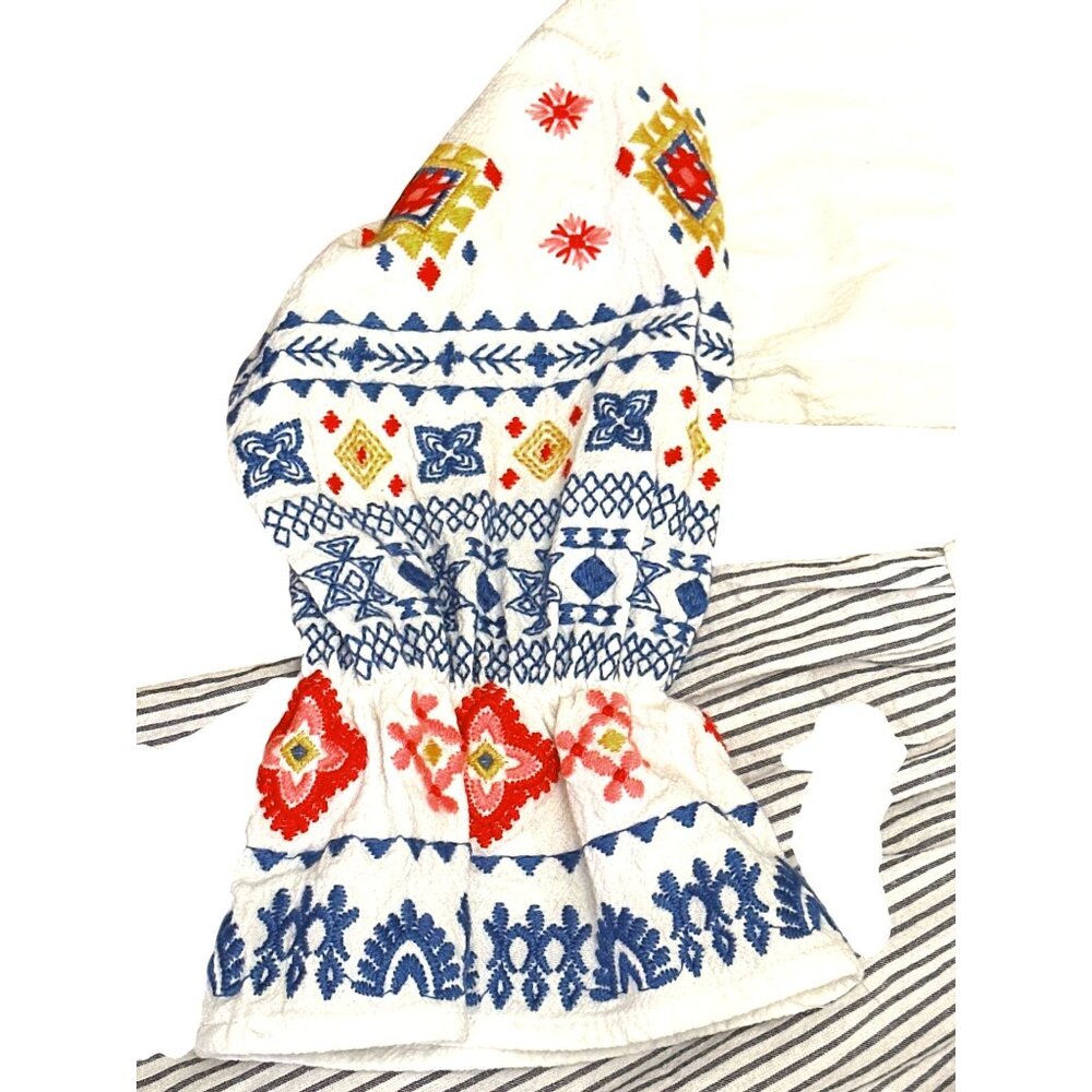 CCC Striped Bohemian Embroidered Long Sleeve Blouse V Neck Peplum Hem Coquette S - Picture 6 of 8